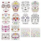 Koogel Temporäre Gesicht Tattoos, 12 Blatt Tag der Tote Schminken Totenkopf Gesichtstattoo für Karneval Halloween Fright Night Cosplay Maskerade Party Fasching Dek