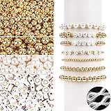 1600 Stück Mini Acrylperlen Set Multi-Größe Gold und Weiß Runde Perlen Buchstabenperlen und Gemusterte Perlen Bastelperlen mit Loch Perlen zum Auffädeln Schmuckperlen für Armbänder DIY Schmuck usw