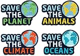 4er Set - Save the Planet - Abzeichen gestickt / Natur-Schutz Klima-Schutz Tierschutz Umwelt-Schutz Klima Meer Ozean Arten Erde / Aufnäher Sticker Flicken Patch / Nachhaltigkeit Wirtschaft Politik
