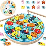 chenghuax 2 in 1 Magnetische Angelspiel Spielzeug,44 stücke Holz Alphabet Zahl Fisch Spielzeug STENGEL Kits Vorschule Lernen Pädagogische Set für Mädchen Jungen Kleinigkeiten Geburtstagsgeschenk