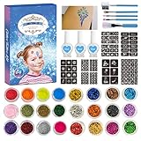 Lubudup Glitter Tattoo Kit, 24 Farben Temporäre Flash Tattoos Set für Kinder und Erwachsene Körper Nail Glitter Art Paint für Festivals Partys Spiele DIY Dek