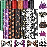 12 Blatt Halloween Kunstleder Blatt Halloween Muster Stoff Blatt Schädel Fledermaus Gedruckt Kunstleder Stoff Blatt 8.3 x 6.3 Zoll mit Haarspange Ohrring Kits für Halloween Thema Ohrring