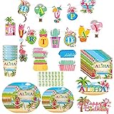 Syijupo Hawaii Aloha Partygeschirr-Set,Sommer-Pool-Partyzubehör,einmaliges Geburtstags-Dessert-Teller,Pappbecher,Servietten,Strohhalme,Flamingo-Pull-Flags,Flamingo-Topper,Flamingo-Hänge-Sp