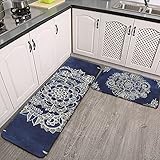 Reebos 2 Stück Küchenmatte Teppich Flanell rutschfest Creme Blumen marokkanische Küche Bodenmatte Weich Badteppich Fußmatte Läufer Teppich S