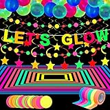 Glühen Neon Partyzubehör, 98,4 Feet 6 Rollen UV Schwarzlicht Reaktiv Leuchtend Band, 28,9 Feet 2 Neon Papier Girlande, LET'S GLOW Banner 10 Stern Hängen Wirbel, 25 Fluoreszierend Luftb