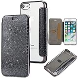 Yobby Glitzer Brieftasche Hülle für iPhone 7,iPhone 8 Handyhülle,Bling Leder Slim Flipcase mit Kartenfach Durchsichtig Weich TPU Überzug Schutzhülle-Schw