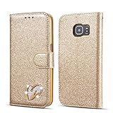 QLTYPRI Samsung Galaxy S6 Edge Hülle, Glitzer Handyhülle PU Ledertasche TPU Etui Handschlaufe Kartenfach mit Eingelegten Liebe Herz Diamond Flip Schutzhülle für Samsung Galaxy S6 Edge - G