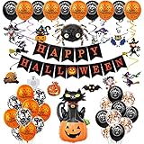 Halloween Deko Set Halloween Luftballons Party Deko 61 Stücke Halloween Dekoration, Happy Halloween Banner, Spinne, Fledermaus, Hexe, Kürbis, Ghost für Halloween Party Kinder, Bar und W