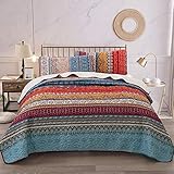 WONGS BEDDING Tagesdecke 220x240 cm Bettüberwurf Boho Stil Steppdecke Doppelbett gesteppt Mikrofaser Bettdecke Stepp Decke 3 teilig Wohndecke mit 2 Kissenbezug 50x70cm für Schlafzimmer (Böhmisch)