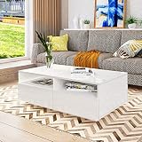 UNDRANDED Couchtisch Moderner Hochglanz 4 Schubladen mit Offener Fall Sofatisch für Wohnzimmermöbel 85 x 55 x 35 cm (Weiß)