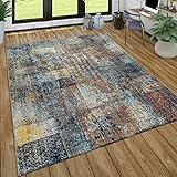 Paco Home Wohnzimmer-Teppich, Kurzflor Im Used Look, Modernes Design In Braun, Blau, Grau, Grösse:240x340