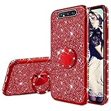 Misstars Glitzer Hülle für Galaxy A80/A90 Rot, Bling Strass Diamant Weiche TPU Silikon Handyhülle Anti-Rutsch Kratzfest Schutzhülle mit 360 Grad Ring Ständer für Samsung Galaxy A80/A90