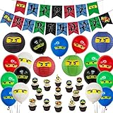 Kreatwow Ninja Geburtstagsfeier liefert Dekorationen - Ninja Happy Birthday Banner 24 Cupcake Topper Ninja Luftballons Aufkleber für Jungen Ninja Warrior Themed Birthday