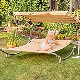 Loywe Sonnenliege Doppelliege mit Dach für 2-Personen Doppel Gartenliege mit Sonnendach für Garten oder Balkon ，200x195x145cm LW22-Beig