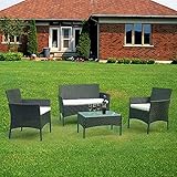 Karpal Sitzgruppe Balkonmöbel Set, Gartenmöbel-Set, Polyrattan Balkon Set fur 4 Personen, Braun, 7tlg, bestehend aus Gartensofa, Glastisch, Sitzkissen, Kunststoff, Wetterfeste (Schwarz)