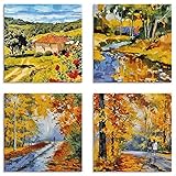 Artland Leinwandbilder auf Holz Wandbild Set 4 teilig je 40x40 cm Bild Wanddeko Gemälde Landschaft Wald Herbst Bäume Natur U2XG