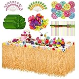 Wonnell 145 Pcs Hawaii Tischröcke Set,Hawaii Party Tischrock ,Hawaii deko für BBQ Garten Strand Sommer Party Dekoration,Tischrock Ananas Flamingo Regenschirm Obst Stroh Kombination Dek