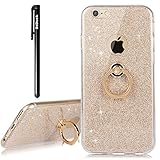 BtDuck Hülle für iPhone 6 Plus/6S Plus Glitzer Gold Handyhülle Ultra Slim Dünn mit Ring Metall Ständer Soft Transparent TPU Silikon Handyhüllen + Glitzer Papier 2 in 1 Schutzhülle Ständer Ring