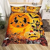 Loussiesd Kürbislaterne Betten Set Halloween Thema Bettwäsche Set 200x200cm Hexe Fledermäuse Bettbezug Set für Kinder Kinder Jungen Mädchen Gruselige Nachtszene Grunge Blumen Raumdek