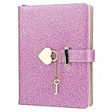Heart Lock Journal Notebook mit Schlüssel, Glitzer Lila PU Leder Tagebuch B6 Journal zum Schreiben, 144 Blatt liniertes Papier, Geschenk für Mädchen, Frauen (Pink)