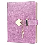 Heart Lock Journal Notebook mit Schlüssel, Glitzer Lila PU Leder Tagebuch B6 Journal zum Schreiben, 144 Blatt liniertes Papier, Geschenk für Mädchen, Frauen (Pink)