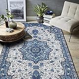 Calore Teppich Wohnzimmer Blau Schlafzimmer Teppich Vintage Teppich Boho Flauschig Kurzflor Teppich Waschbarer Teppiche Blumen Teppiche (Blau, 120 x 160 cm)