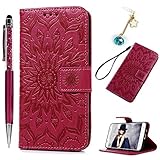 Flip PU Leder Handy hülle für Samsung Galaxy J5 2016 Wallet Cover Stand Case Card Slot Leder Tasche Karteneinschub Magnetverschluß Kratzfestes (Rot Sonnenblume) mit Stylus Stift Staubsteck