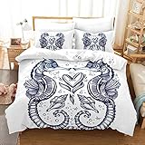 Gabapipa® Blau 3 Teilig Kinder-Bettbezug-Set 155x220 cm Muschel Seepferdchen Bettwäsche Set Weiche Mikrofaser Bettbezug für Kinder Jungen Mädchen Erwachsene mit Reiß