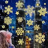 Schneeflocken Fensterbild, Selbstklebend Weihnachten Fenstersticker, Schneeflocken Aufkleber, Wandaufkleber, PVC Fensterdeko Winter Dekoration für Weihnachts Schaufenster (Golden, Pack of 4)