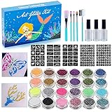 Bagima Glitter Tattoos Kit, Temporäre Tattoo Set für Kinder 24 Farben Temporäre Glitzer Tattoo Schablone Körper Nagel Glitter Kunst Farbe Geburtstagsparty Geschenkbox für Mädchen Erw