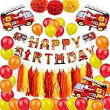 Noe 41 Stück Auto Kindergeburtstag Feuerwehrauto Thema Deko, Luftballons mit Feuerwehr/Firetruck Car, Papierblumen Deko -Jungen Favors Dekor, für Babyparty, Geburtstag Dek