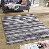 Estiva Home Enjoy Designer Moderner Hochflor Teppich Grau mit abstraktem Muster und Streifen Design (120 x 170 cm)