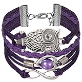 JewelryWe Schmuck Freundschaft Armband, Vintage Perle Herz Eule Infinity Unendlichkeit Zeichen Leder Legierung Seil Charm Armreif Wickelarmband, Lila Silb