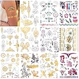 Qpout 150pcs Metallic Temporäre Tattoos für Frauen Mädchen, Gold Silber Glizter Design Tattoo, Schmuck Tribal Totem Schmetterling Blume Feder Wasserdicht Tattoo, Gesicht Hand Arm Party Dekor T