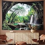 Wandteppich Wald groß 200x150cm. Motiv „Blick aus Höhle mit Wasserfall“. Auch als Picknickdecke. Großes Wandtuch für tolle Raum-Atmosp