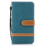 ISAKEN Huawei P8 Lite 2017 Hülle, Canvas PU Leder Flip Cover Brieftasche Ledertasche Handyhülle Tasche Case Schutzhülle Hülle mit Handschlaufe Strap für Huawei P8 Lite 2017 5.2 Zoll - Leinen Grü