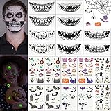 Kuubee 20 Blätter Halloween Temporäre Tattoos, Halloween Luminous Temporäre Tattoos für Kinder Mädchen Jungen Männer Frauen, Wasserdichte Aufkleber für Halloween Party/Kindergeburtstag/Make-up Cosplay