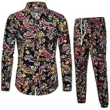 Graceyo Herren Casual Langarmhemd Business Slim Fit Hemd Print Bluse Top+Hosen 2-teilig Sets Männer Blumen Hemden Bunte Hemden Langarmhemd Muster Freizeitshemd Langarm Casual Shirt Jogging