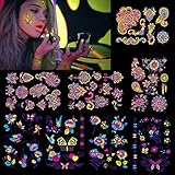 HOWAF 8 groß Blätter Klebetattoos temporäre Blume Neon Tattoos Schwarzlicht schminke UV Body & Face Painting Tätowierung Aufklebe für Frauen männer,Accessoire für Schwarzlicht Party Lieferung