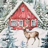 Stoff Baumwolle Meterware Wald Rehe Haus Winterlandschaft Aquarell Weihnachten Dekostoff Vorhang