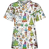 Krankenschwester Kostüm Damen Weihnachtsschneeflocke Druck Arbeitsuniform Kurzarm Slip T Shirt mit V Ausschnitt Stilltunika Arbeitskleidung Medizinische Krankenschwester Uniformen Pflegekasack