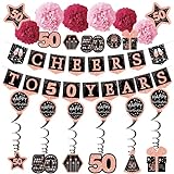 50 Geburtstag deko frau geschenk - (21pack) cheers to 50 years Roségold glitter banner, 6 Seidenpapier Pompons, 6 Stück Spiral Girlanden, 7 deko Aufkleber, 50 geburtstag geschenk