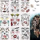 Wishstar Halloween Tattoo Gesicht, Halloween Schminke Gesichtstattoo, 9 Blätter Halloween Temporäre Tatoo Wunden Narben Zombie Schminke Aufkleber Halloween Horror Make up Party Cosplay