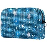 Makeup-Tasche Premium Kosmetiktasche aus Klein mit Reißverschluss für Frauen und Mädchen Badezimmer Rasur Organizer für Toilettenartikel Shiny Stars Blue Geometric S