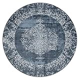 Paco Home Teppich Rund Wohnzimmer Kurzflor Modern Vintage Orient Muster Bordüre, Grösse:160 cm Rund, Farbe:Blau 2