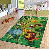 TT Home Kinderzimmer Teppich Dschungel Zoo Tiere Giraffe Schlange Löwe AFFE Grün, Größe:140x200