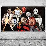 Horror Classic Movie Character Hintergrund Banner Halloween Party Hintergrund Extra Große Kulisse Classic Movie Chainsaw Clown Horror Movie Supplies für Indoor Outdoor Photo Booth R