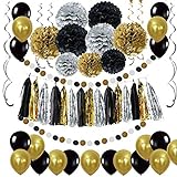 LyximGss Schwarz Gold Party Deko Set - DIY Pompoms Blumen, Quaste Girlande, Luftballons, Polka Dot Papier Girlande, Spiral Girlanden, für Abschlussfeier und Ruhestandsfeierdek