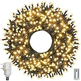 Ollny Weihnachts-Lichterkette für den Außenbereich, 100 m, 800 LEDs, warmweiß, Netzbetrieb, 8 Modi, funkelndes Licht, grünes Kabel, wasserdicht, mit Fernbedienung, Garten, Pavillon (100 m)