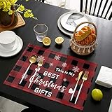HOMMOU Tischsets mit Weihnachtsmotiven, Bauernhaus-Stil, Baumwoll-Leinen, rutschfest, hitzebeständig, Küchentischmatten-Set, auf rotem Gitter, Platzsets für Esstische, 6 Stück